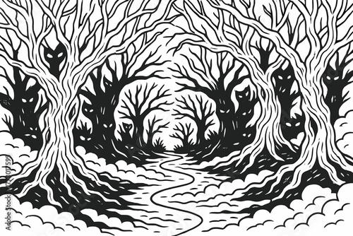 Eerie Forest Path. Haunted forest path with twisted trees, glowing eyes in the shadows, and fog covering the ground, black and