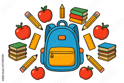 Playful School Supplies. Backpack in the middle with books, pencils, apples, and rulers radiating outward in symmetrical design,