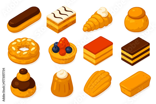 Sweet Treats Collection. Isometric vector illustration set sweet treats collection: éclairs, mille-feuille slice, cream horn,