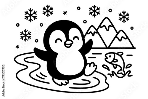 Penguin's Icy Adventure. A cute penguin sliding on ice with snowflakes, mountains, and fish jumping from the water, black and