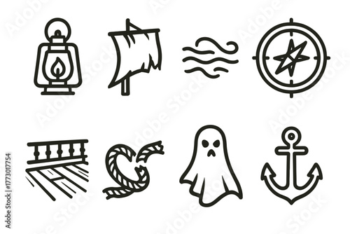 Ocean Phantom Icons. Line style icons of Ocean Phantom: Lantern, Tattered Sail, Mist, Compass, Ship Deck, Broken Rope, Ghostly