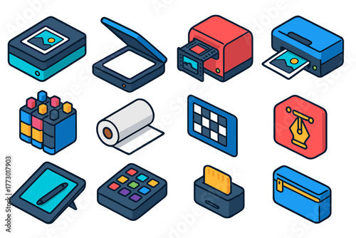 Colorful Design Tools. Isometric vector illustration set design and editing tools: photo scanner, flatbed scanner, film scanner,