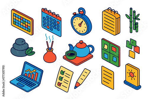 Productivity Icons Set. Isometric vector illustration set Productivity and Mindfulness: habit tracker, calendar grid, stopwatch