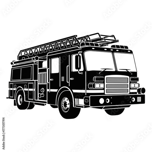 Striking vector illustration of a fire truck, graphic black and white design for emergency services, firefighting, and public safety communications, flat design art