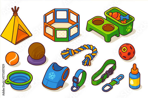 Pet Play Essentials. Isometric vector illustration set designs for dog and cat lovers: pet teepee tent, indoor playpen, elevated