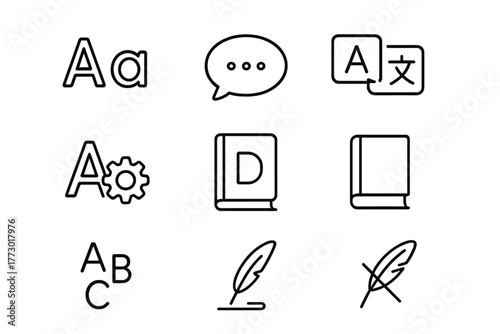 Linguistics Line Icons. Line style icons of Linguistics: Alphabet, Speech Bubble, Translation, Grammar, Dictionary, Book, Letters,