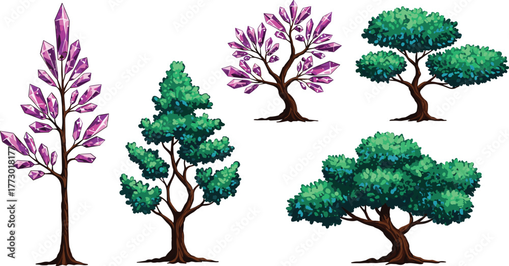Naklejka premium Fantasy green and crystal trees collection, vibrant nature illustration, magical forest design