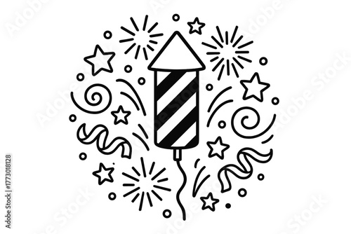 Festive Firework Explosion. Firework rocket in the middle with stars, bursts, ribbons, and swirls forming a celebratory circular