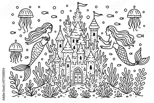 Undersea Enchanted Castle. Enchanted castle under the sea with coral towers, mermaids swimming, and jellyfish lanterns, black and