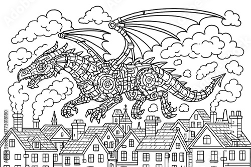 Mechanical Dragon Flight. Mechanical dragon made of gears and pipes flying over rooftops with smoke and steam clouds, black and