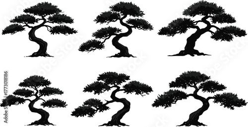 Set of bonsai tree silhouettes, elegant black nature art, Japanese minimal design