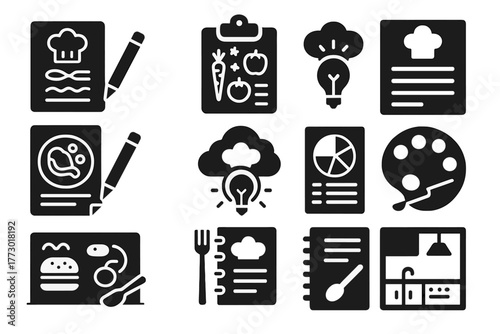 Cooking Design Icons. Solid style icons of Cooking inspiration: recipe sketch, ingredient plan, menu board, plating design,