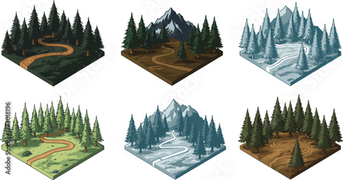 Isometric forest landscape with mountain trails, seasonal nature scenes, pine tree illustration design
