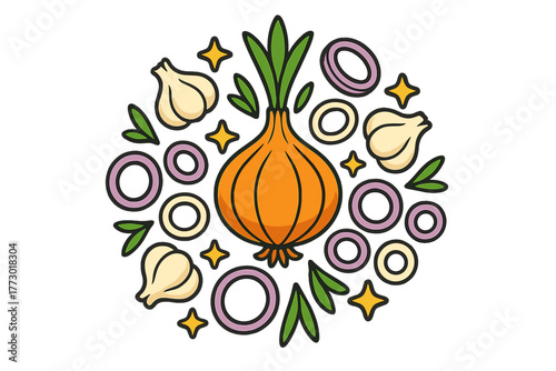 Onion Garlic Mandala. Onion in the center with garlic cloves, sprouts, rings, and stars arranged in flavorful mandala symmetry,