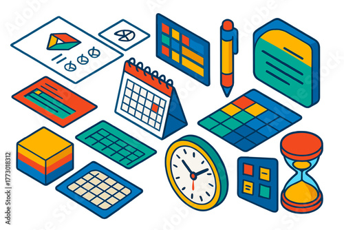 Vibrant Branding Essentials. Isometric vector illustration set branding and planning: business stationery layout, logo mark