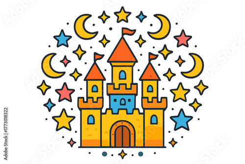 Majestic Castle Mandala. Castle in the middle with towers, flags, moons, and stars radiating outward in majestic mandala symmetry,