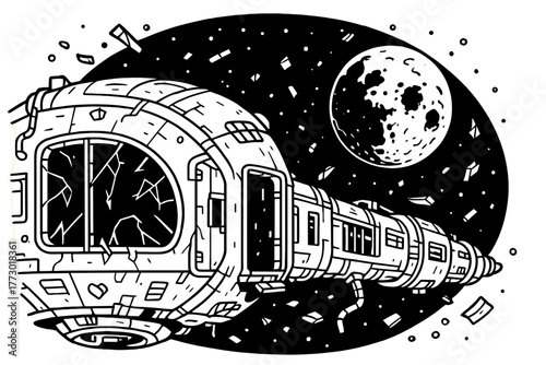 Abandoned Space Station. Abandoned space station orbiting a dead planet with shattered glass, floating debris, and eerie silence,