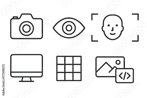 Computer Vision Icons. Line style icons of Computer Vision: Camera, Eye, Face, Bounding Box, Screen, Grid, Image, Code, No text,