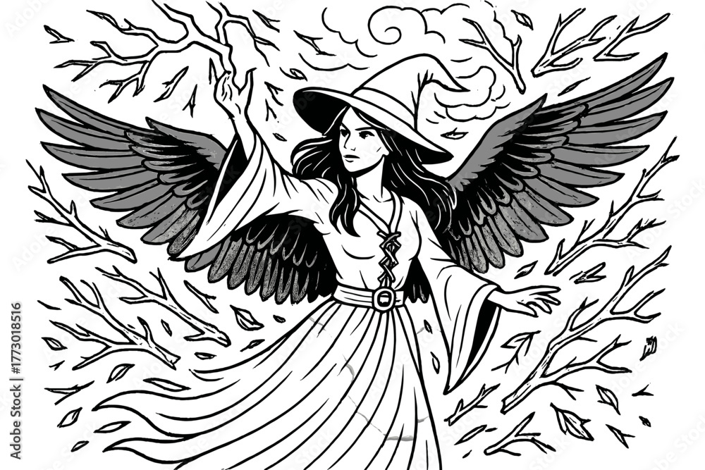 Fototapeta premium Witch Summoning Storms. Enchanted witch with raven wings summoning storms with lightning and broken branches flying, black and