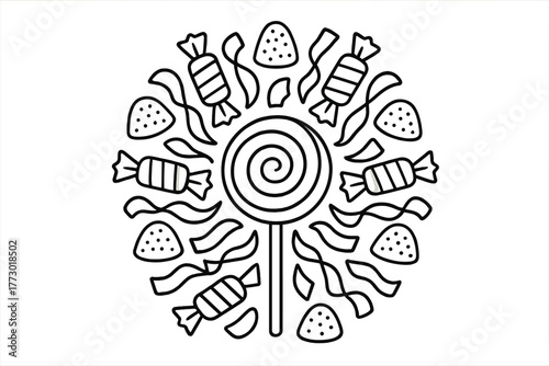 Sweet Mandala Design. Lollipop in the middle with swirls, wrapped candies, gumdrops, and ribbons radiating outward in mandala
