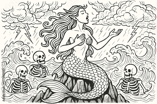 Siren's Stormy Serenade. Otherworldly siren singing on sharp rocks surrounded by stormy waves, skeletons, and storm clouds, black