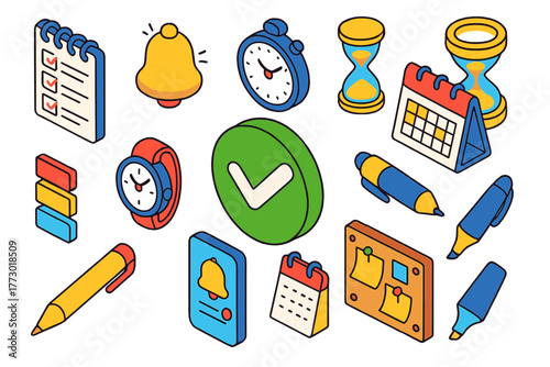 Productivity Icons Collection. Isometric vector illustration set productivity with checkmark and alarm: spiral task list, desk