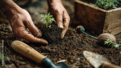 Hand placing seedling into compost soil