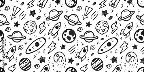 Whimsical hand drawn space pattern with planets rockets stars and lightning bolts