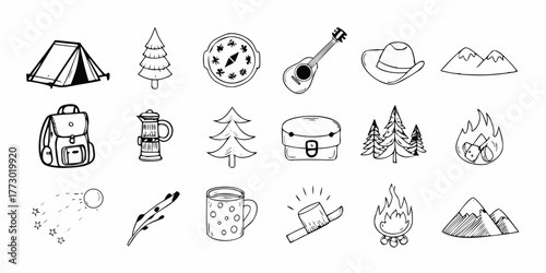 Hand drawn camping and outdoor adventure icons featuring tent backpack guitar compass trees mountains and campfire