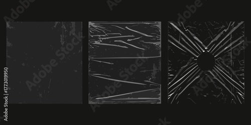 Three panels showing different textures of crumpled plastic wrap and a scratched surface