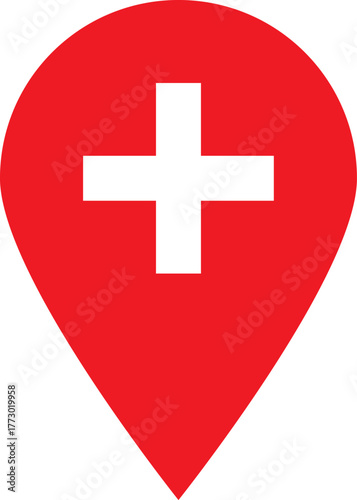 Red medical location pin with white cross symbol