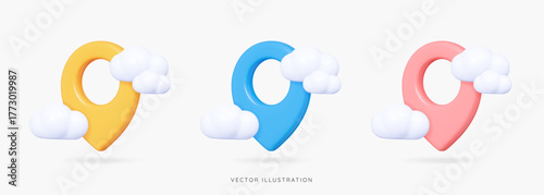 3D Location pin with clouds in blue, yellow and pink. Navigation mark. Travel tag with shadow. Minimal element for map, web and gps. Cartoon creative design icon isolated. 3D Vector illustration