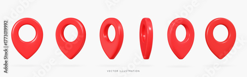 3D Red location pin in different rotations. Navigation mark. Travel tag with shadow. Minimal element for map, web and gps. Cartoon creative design icon set isolated on white. 3D Vector illustration