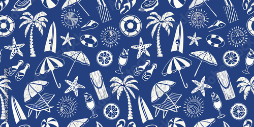 Seamless pattern of beach vacation icons including palm trees umbrellas surfboards and drinks on blue background