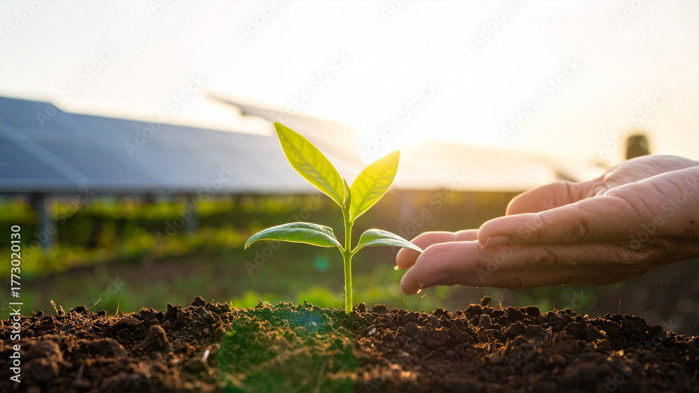 Fototapeta premium Hand Holding Green Seedling with Blurred Solar Panel Background Sustainable Future Concept