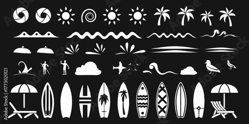 Collection of white summer beach and vacation icons and symbols on a black background