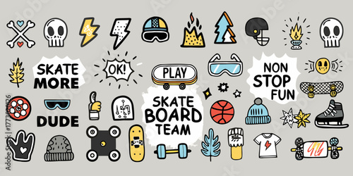 Collection of fun hand drawn doodle icons and text related to skateboarding and extreme sports