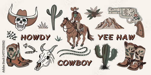 Wild west cowboy collection with horse skull boots cactus and revolver