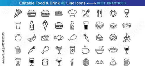 Food and Drink Icons and vector line icons set, and Simple Outline Vector graphic Design 