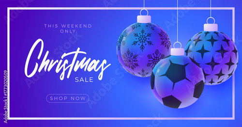 Football or Soccer Christmas and New Year sport banner. Merry Christmas tech greeting card with xmas ball as a bauble on purple neon background. Vector illustration