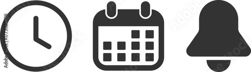 Clock calendar and bell icons representing time management and reminders