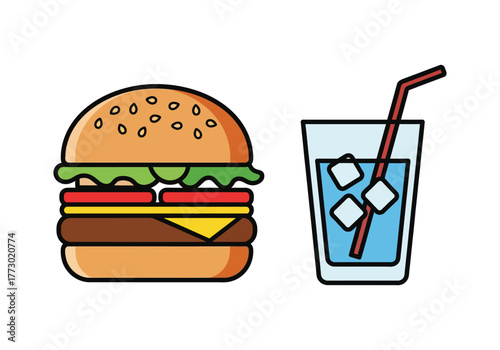 Classic hamburger and refreshing drink with ice and straw icon graphic