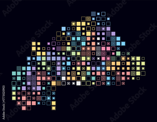 Burkina Faso, shape of the country build of colored cells. Digital style map of the Burkina Faso on dark background. Large size square blocks. Artistic vector illustration.