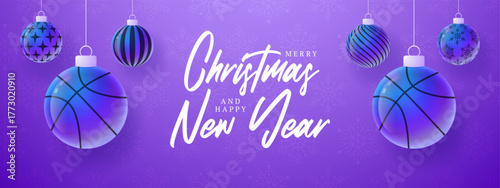 Basketball Christmas and New Year sport banner. Merry Christmas tech greeting card with xmas ball as a bauble on purple neon background. Vector illustration