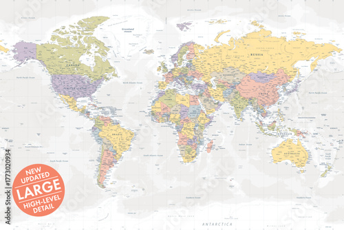 Vector world map large detailed layered updated edition in soft faded color style