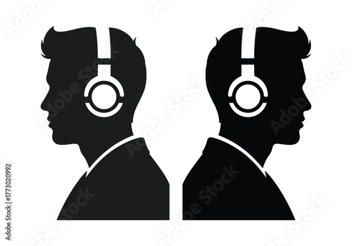 Two silhouetted heads wearing headphones facing opposite directions abstract music concept
