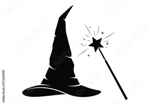 Mystical halloween witch hat and magic wand sparkle silhouette for festive occasions