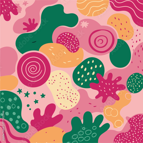 Abstract pattern with vibrant colors in a playful, organic style. Whimsical shapes and textures create a dynamic, youthful design for a variety of applications.