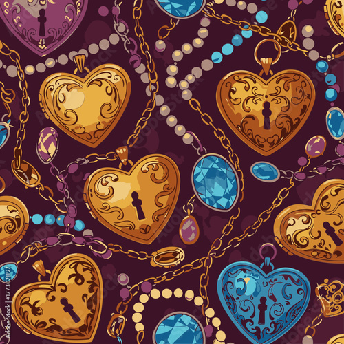 Heart-shaped locket jewelry pattern with colorful gems and beads. Ornate designs, interspersed with chains and pendants, create a detailed texture.