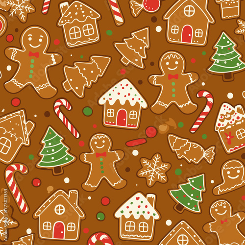 Gingerbread cookie pattern design for Christmas theme. Charming and festive design with gingerbread men, houses, trees, and candy canes.